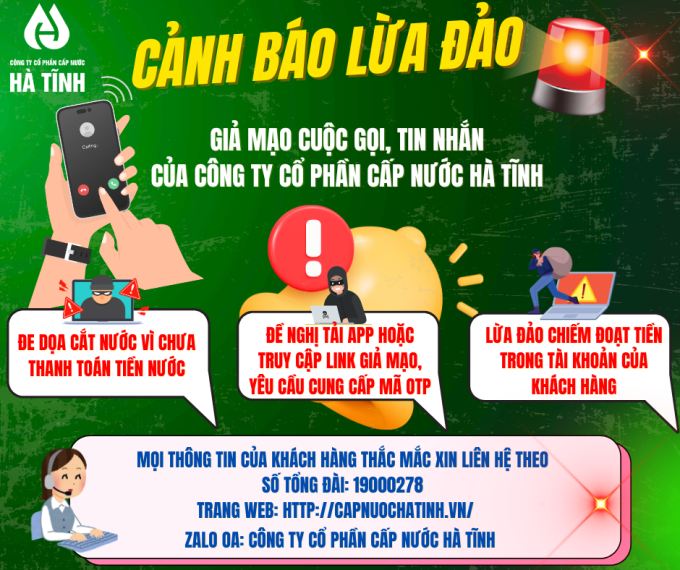 CẢNH BÁO CÁC HÀNH VI GIẢ DANH CÔNG TY CỔ PHẦN CẤP NƯỚC HÀ TĨNH GỌI ĐIỆN, NHẮN TIN LỪA ĐẢO, CHIẾM ĐOẠT TÀI SẢN NGƯỜI DÂN